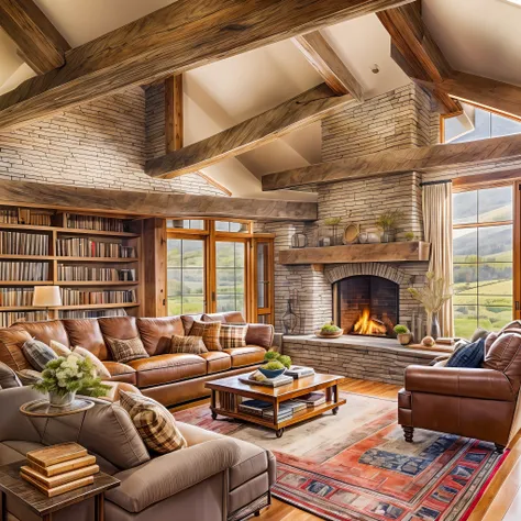 a modern living room design with a cozy and rustic feel, featuring exposed wooden beams on the ceiling, a stone fireplace with a...