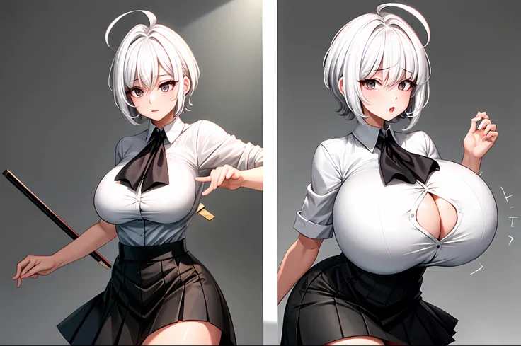 masterpiece, best quality, 1girl ,ahoge, white hair, short hair, black eyes, white shirt, buttoned shirt, black skirt, short skirt, (breast expansion:1.1), huge breasts,