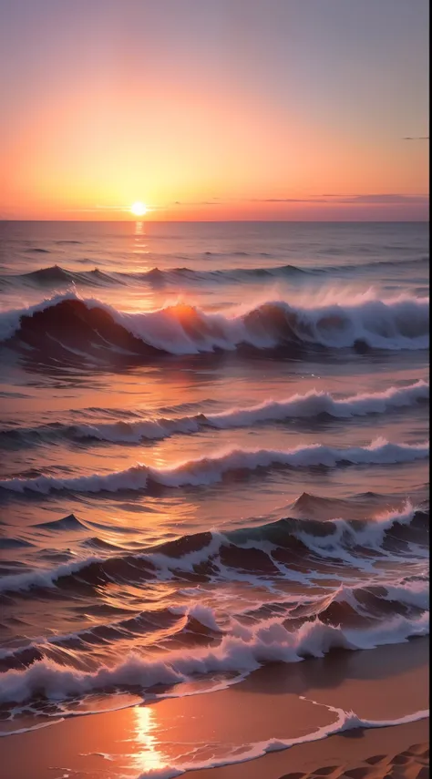 absolutely mesmerizing sunset on the beach with a mix of oranges, pinks and yellows in the sky. the water is crystal clear, gent...