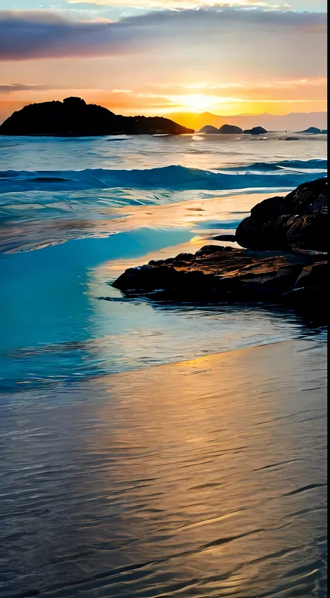 reflections of the sunrise over the ocean, at dawn, 8k uhd, dslr, soft lighting, high quality, film grain, fujifilm xt3