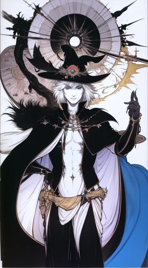 crows、(((black mage)))、white background、clown clothes、line-drawing、pale color、big hat、black cloak、fantastical、alfonse mucha、de p...