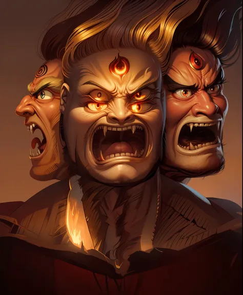 angry three-headed man，double eyes，bucktooth，hair stands on end，fire，