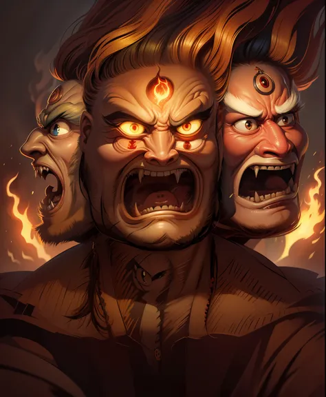 angry three-headed man，double eyes，bucktooth，hair stands on end，fire，