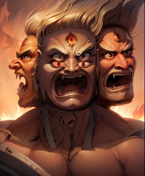 angry three-headed man，double eyes，bucktooth，hair stands on end，fire，