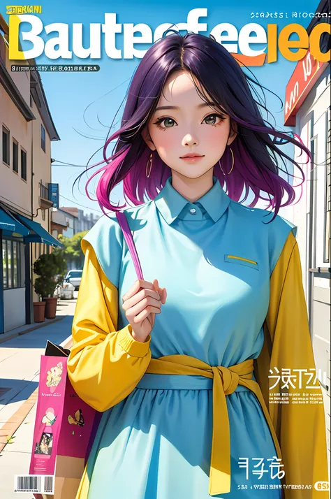 masterpiece, best quality, spring outfit, colorful hair, outdoor, magazine cover ,upper body,