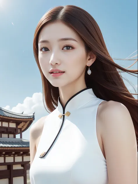 there is an ancient palace beside the girl, a extremely delicate and beautiful girl, photorealistic, incredibly absurdres, Abstract art, Show from the hips to the shoulders, grabbing, extremely detailed body, woman, young,20 years old, very long hair, floa...