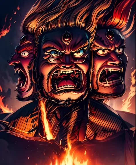 angry three-headed man，double eyes，buck teeth，hair stands on end，fire，