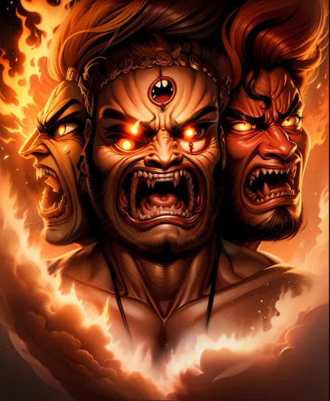 angry three-headed man，double eyes，buck teeth，hair stands on end，fire，