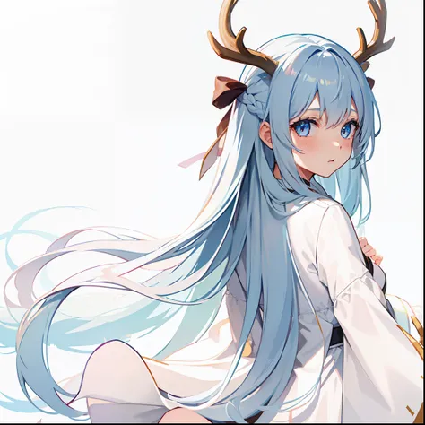 long whitr hair，snowfield，beast ear，deer antlers，back to look back，long  white hair