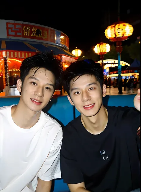 （chinese handsome：1.5），two men at an amusement park，the night，masculine pose，realistic detail， photograph of-realistic，texturesk...