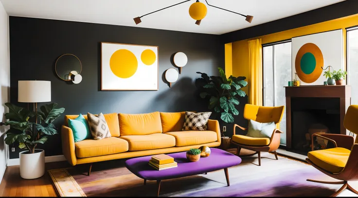 mid-century modern living room, dark wood floors, eggplant color wall, arched floor lamp behind the sofa, mustard yellow sofa an...