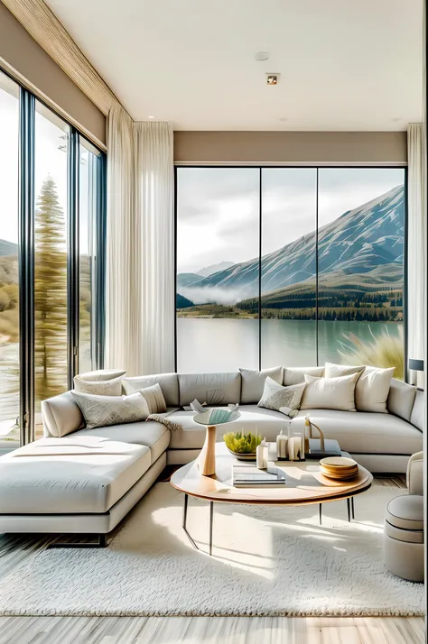 A modern living room design with a minimalist aesthetic, featuring clean lines and neutral colors, a large panoramic window overlooking a serene lake and mountains, natural sunlight illuminating the room, a cozy sectional sofa with soft throw pillows and a...