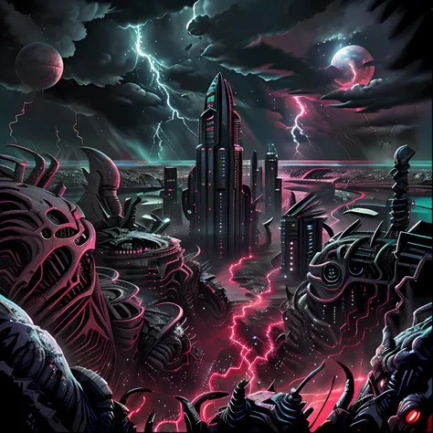 view from the top of the peak. Biomechanical downtown of madness. Apocalypse storming in the sky. Horror art. Unreal Engine, UHD, sketch color painting. Intricated details, masterpiece painting.