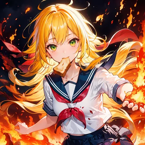 1girl,run,Yellow hair,long hair,messy hair,green eyes,serafuku,toast in mouth,lava Splash,eruption