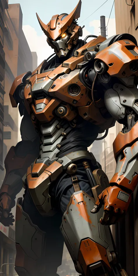 portrait photo of an alpha male, perfect eyes, in a worn mecha suit, intricate, (steel metal [rust]), elegant, sharp focus, phot...