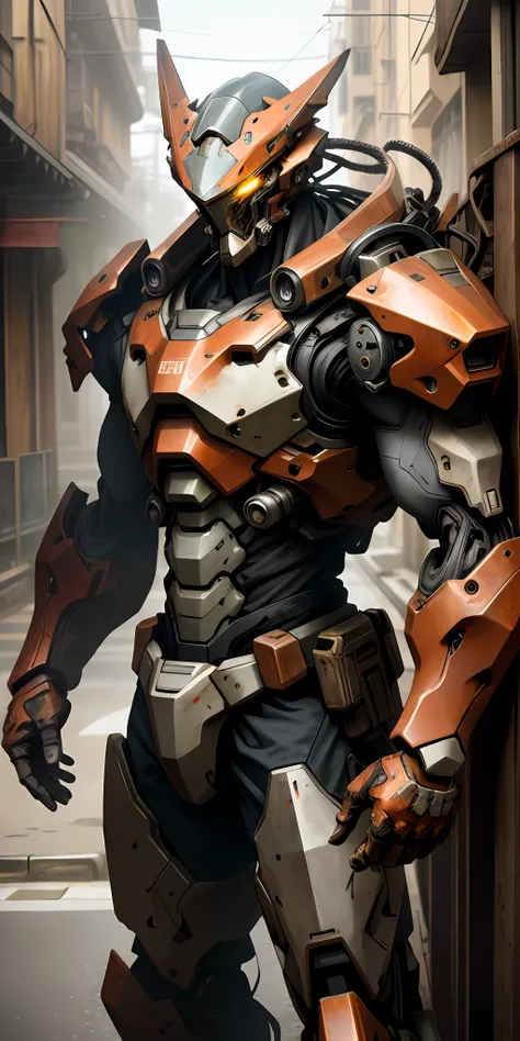 Portrait photo of an alpha male, perfect eyes, in a worn mecha suit, intricate, (steel metal [rust]), elegant, sharp focus, photo by greg rutkowski, soft lighting, vibrant colors, masterpiece, ((streets)), cowboy shot, dynamic pose,