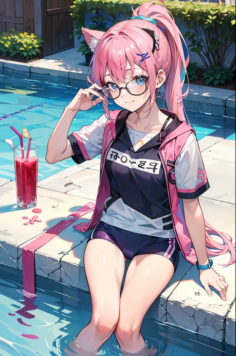 8k, (ultra - detailed), teens girl，quadratic element，pink hair，wears glasses，swimming uniform，sitted，drinking a juice，high ponyt...