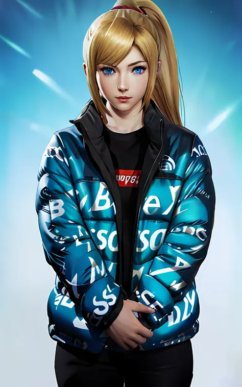 samus
mole
dripjacket
blue eyes
ponytail
gun 
own hands together