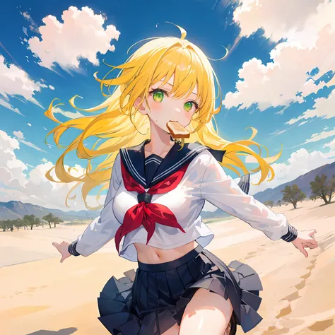 1girl,run,yellow hair,long hair,messy hair,green eyes,serafuku,toast in mouth,desert,cloud