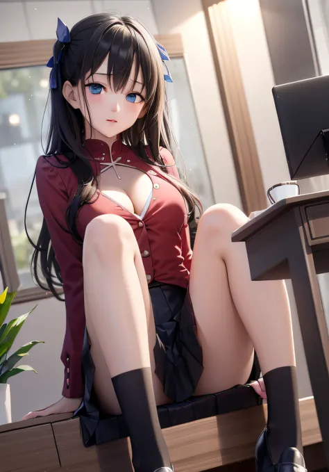 masterpiece, best quality,1 girl, rin tosaka, solo, long hair, thighs, mini skirt, blue eyes, thighs, black hair, crouched, turn...