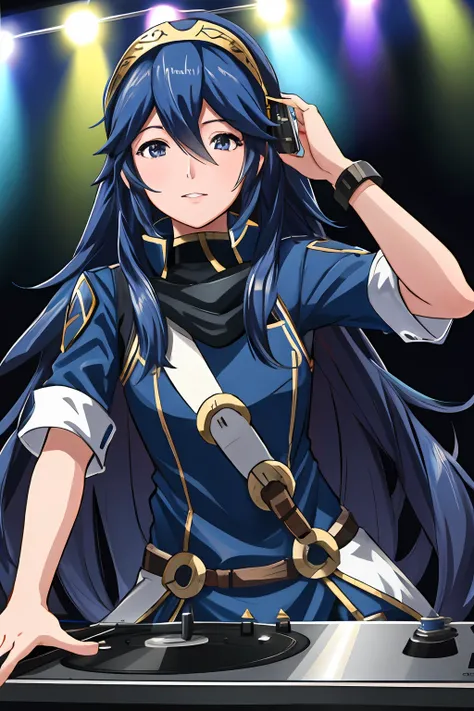 "lucina fe, a DJ, showcasing her skills on the turntables at a vibrant rave."