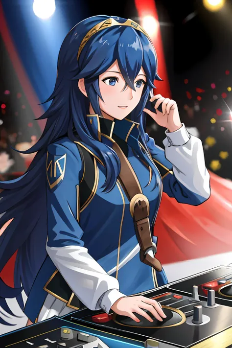 "lucina fe, a dj, showcasing her skills on the turntables at a vibrant rave."