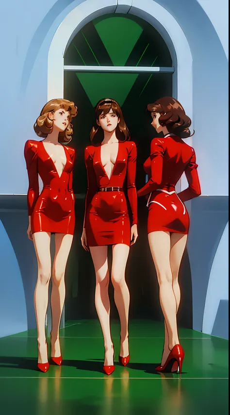 3girls, triplets, clones, masterpiece, best quality, extremely detailed 8K wallpaper, skin tight, ultra detailed, volumetric lighting, best anatomy, detailed eyes, beautiful eyes, best shadow, retro artstyle, 1990s (style), anime screencap, screencap, to...