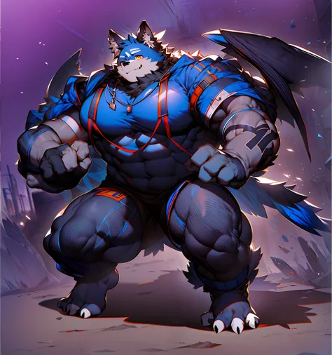 coyote，furry，blue-white hair，musculature，muscle men，nakeness，strong，ultraclear，has a large ，collar，black  shorts，black sclera，re...