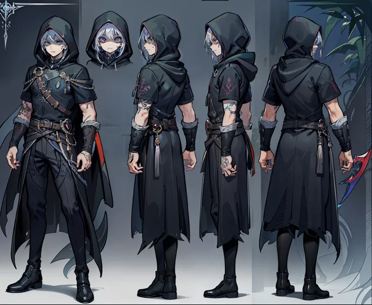 1man, reference sheet, matching outfit, (fantasy character design, front, back, sides, left, right, up, down) Hooded Mysterious Man. Sharp features, piercing eyes. Distinctive tattoo of a serpent entwined with a sword on his right cheek. Wearing a dark clo...