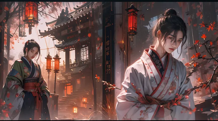 (tmasterpiece:1.2),best qualtiy,realisticlying,Tyndall effect,Underworld marriage,Spooky atmosphere,natta,Red palace lamp, The tree, scenecy, exteriors, "Young, Handsome and beautiful aristocratic couple traveling in the underworld,Detailed eyes,Clear faci...