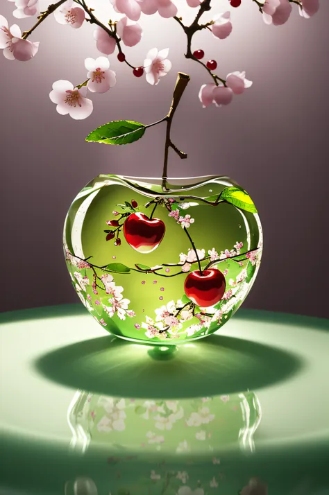 there is a green glass granny smith apple shaped vase with cherry blossoms inside, still life photography, cherry explosion, ins...