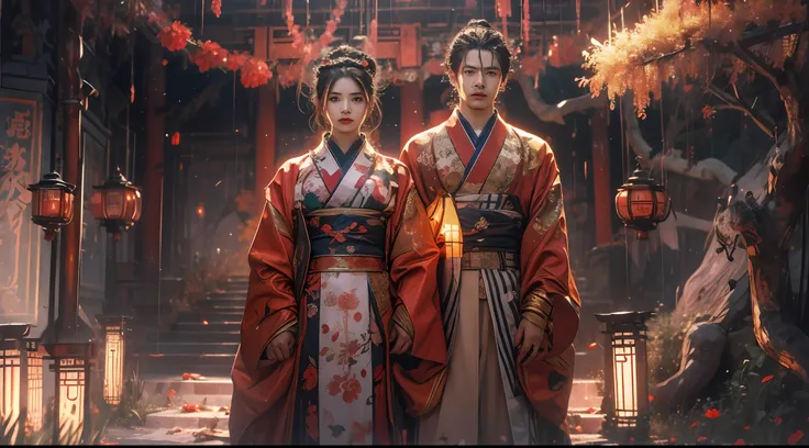 (tmasterpiece:1.2),best qualtiy,realisticlying,Tyndall effect,Underworld marriage,Spooky atmosphere,natta,Red palace lamp, The tree, scenecy, exteriors, "Young, Handsome and beautiful aristocratic couple traveling in the underworld,Detailed eyes,Clear faci...