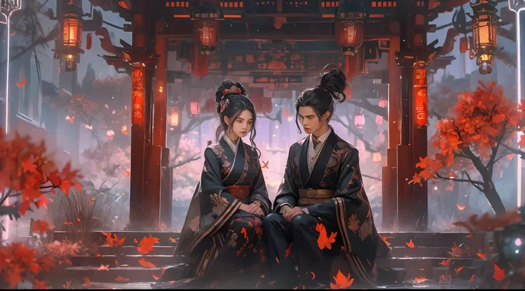 (tmasterpiece:1.2),best qualtiy,realisticlying,Tyndall effect,Underworld marriage,Spooky atmosphere,natta,Red palace lamp, The tree, scenecy, exteriors, "Young, Handsome and beautiful aristocratic couple traveling in the underworld,Detailed eyes,Clear faci...