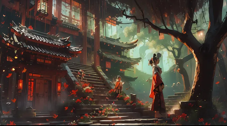(tmasterpiece:1.2),best qualtiy,realisticlying,Tyndall effect,Underworld marriage,Spooky atmosphere,natta,Red palace lamp, The tree, scenecy, exteriors, "Young, Handsome and beautiful aristocratic couple traveling in the underworld,Detailed eyes,Clear faci...