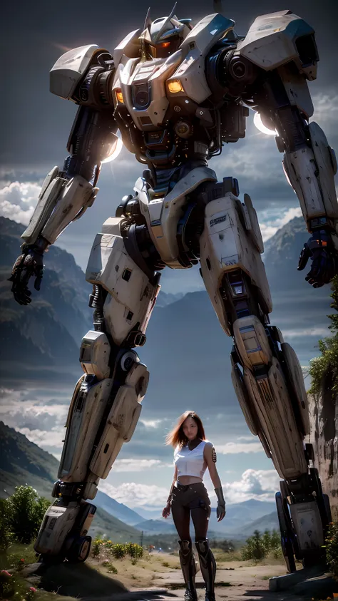 ((Best Quality)), ((Masterpiece)), (Very Detailed:1.3), 3D, Shitu-mecha, Beautiful cyberpunk woman with her pink mech in the ruins of a city in the forgotten war, Ancient technology, HDR (High Dynamic Range), ray tracing, NVIDIA RTX, super resolution, unre...