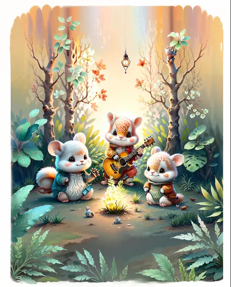 there are three different animals that are playing guitar in the forest, 3 bichos da floresta, cute storybook illustration, illu...