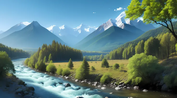 mountains, rivers, interlaced, sunlight, trees, blue sky