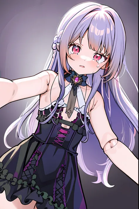 masterpiece, (best quality:1.3), sharp focus, absurdres, ++ 1girl, solo, fantasy, light purple hair, very long hair, curly hair, french braid, single sidelock, forehead, red eyes, pink eyes, multicolored eyes, small chest, flat chest, loli, victorian dress...