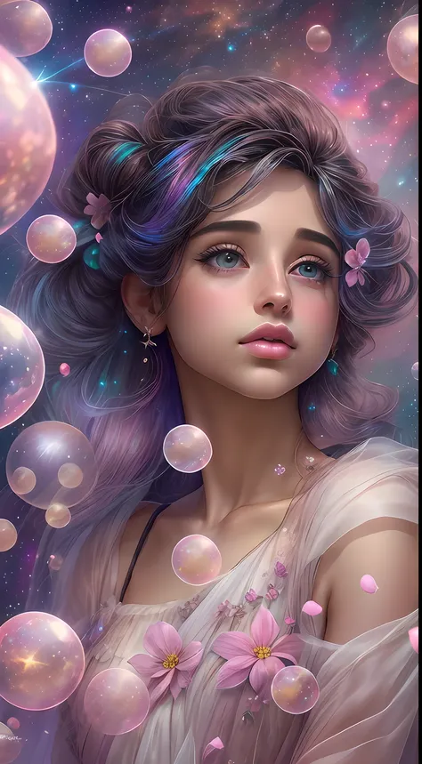 ((masterpiece)). this artwork is dreamy and ethereal, with soft pink watercolor hues. generate a delicate fairy exploring a bubb...