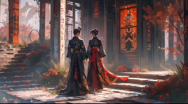 (tmasterpiece:1.2),best qualtiy,realisticlying,Tyndall effect,Underworld marriage,Spooky atmosphere,natta,Red palace lamp, The tree, scenecy, exteriors, "Young, Handsome and beautiful aristocratic couple traveling in the underworld,Detailed eyes,Clear faci...