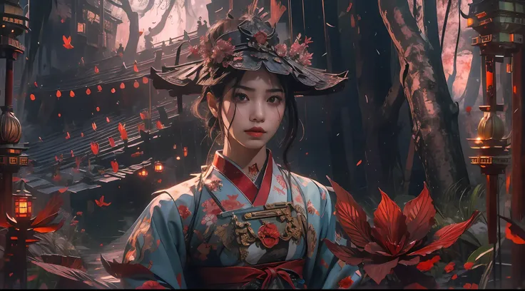(tmasterpiece:1.2),best qualtiy,realisticlying,Tyndall effect,Underworld marriage,Spooky atmosphere,natta,Red palace lamp, The tree, scenecy, exteriors, "Young, Handsome and beautiful aristocratic couple traveling in the underworld,Detailed eyes,Clear faci...