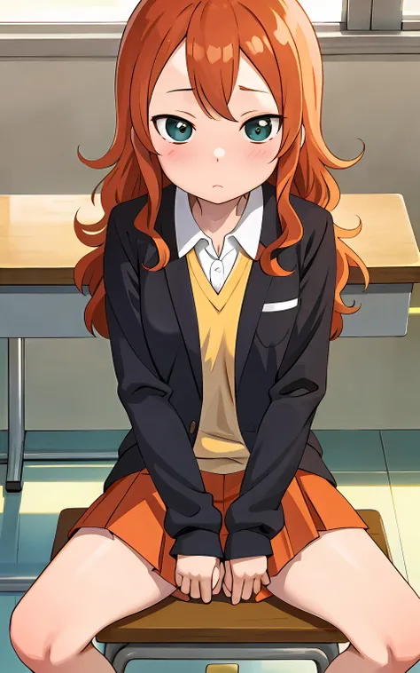 loli, school uniform , orange hair, sitting , classroom ,thin legs,open legs , showing pussy