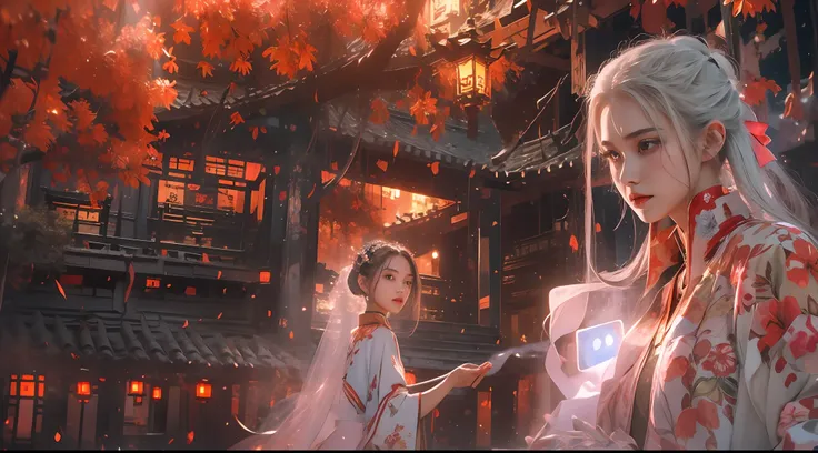 (tmasterpiece:1.2),best qualtiy,realisticlying,Tyndall effect,Underworld marriage,Spooky atmosphere,natta,Red palace lamp, The tree, scenecy, exteriors, "Young, Handsome and beautiful aristocratic couple traveling in the underworld,Detailed eyes,Clear faci...