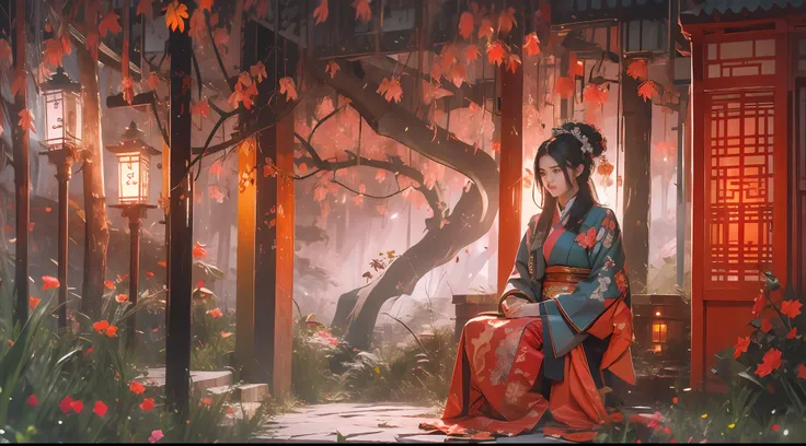 (tmasterpiece:1.2),best qualtiy,realisticlying,Tyndall effect,Underworld marriage,Spooky atmosphere,natta,Red palace lamp, The tree, scenecy, exteriors, "Young, Handsome and beautiful aristocratic couple traveling in the underworld,Detailed eyes,Clear faci...