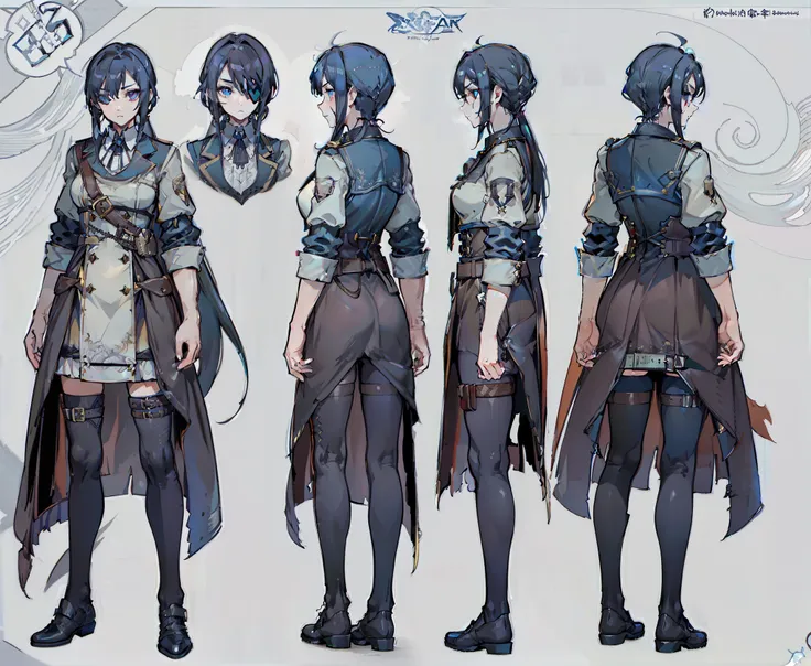 1woman, reference sheet, matching outfit, (fantasy character design, front, back, sides, left, right, up, down) rodericka. tall ...