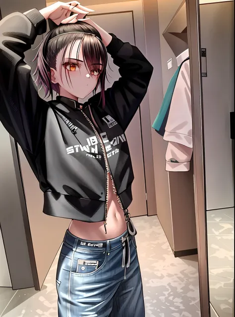 there is a woman that is standing in front of a mirror, cropped shirt with jacket, wearing jeans and a black hoodie, Short jacket, with ripped crop t - shirt, 2 0 2 0 fashion, Yoshitomo Nara, dilraba dilmurat, She is seen wearing streetwear pieces, Open V ...