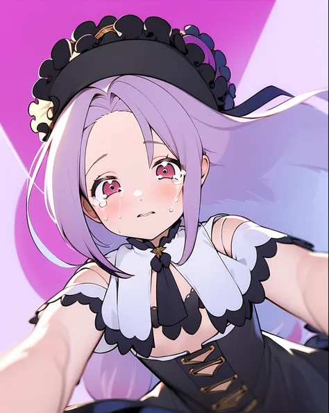 masterpiece, (best quality:1.3), sharp focus, absurdres, ++, 1girl, solo, fantasy, light purple hair, very long hair, curly hair, french braid, single sidelock, forehead, red eyes, pink eyes, multicolored eyes, small chest, flat chest, loli, victorian dres...