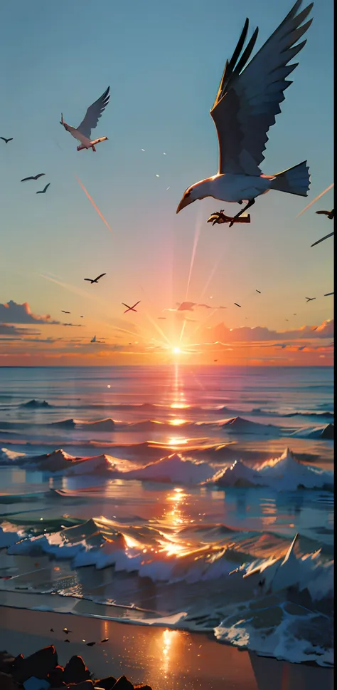 many birds fly over the sea at sunrise,sunlight at sunrise，the sun comes out of the distant mountain side，birds flying in the su...