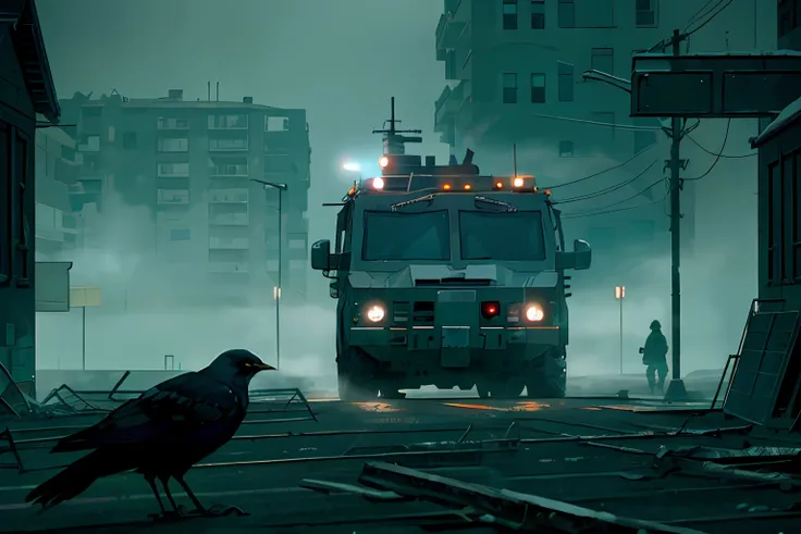 analog gloomy photo of a SWAT armored car, ((zombie apocalypse:0.6)), ((surrounded by crows:1.0)), (living dead), (winter), (snow), (horror movie), ((nighttime)), a deserted city, ruins, abandoned buildings, High Detail, Sharp focus, (photorealism), reali...
