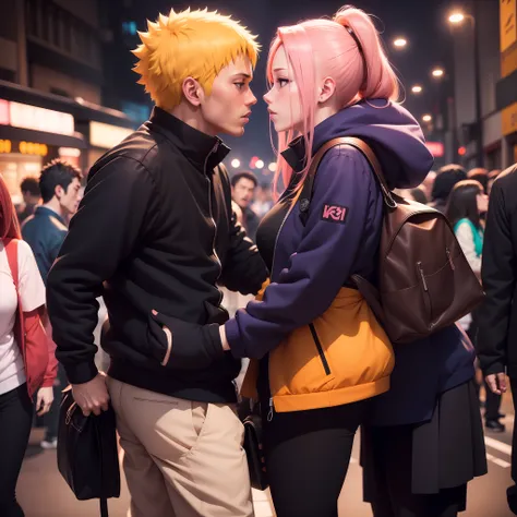 a passionate and intense kiss between a boy with vibrant orange hair and a girl with soft pink hair, both wearing stylish tokyo-...